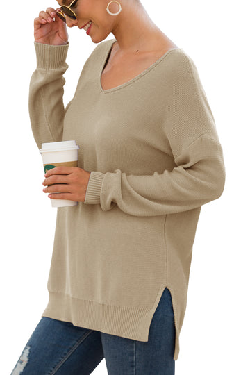 V-Neck Long Sleeve Side Split Loose Casual Knit Pullover Sweater Blouse Khaki Wine Red